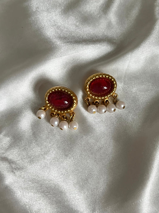 Vintage 1980s Amber and Pearl Dangle Earrings